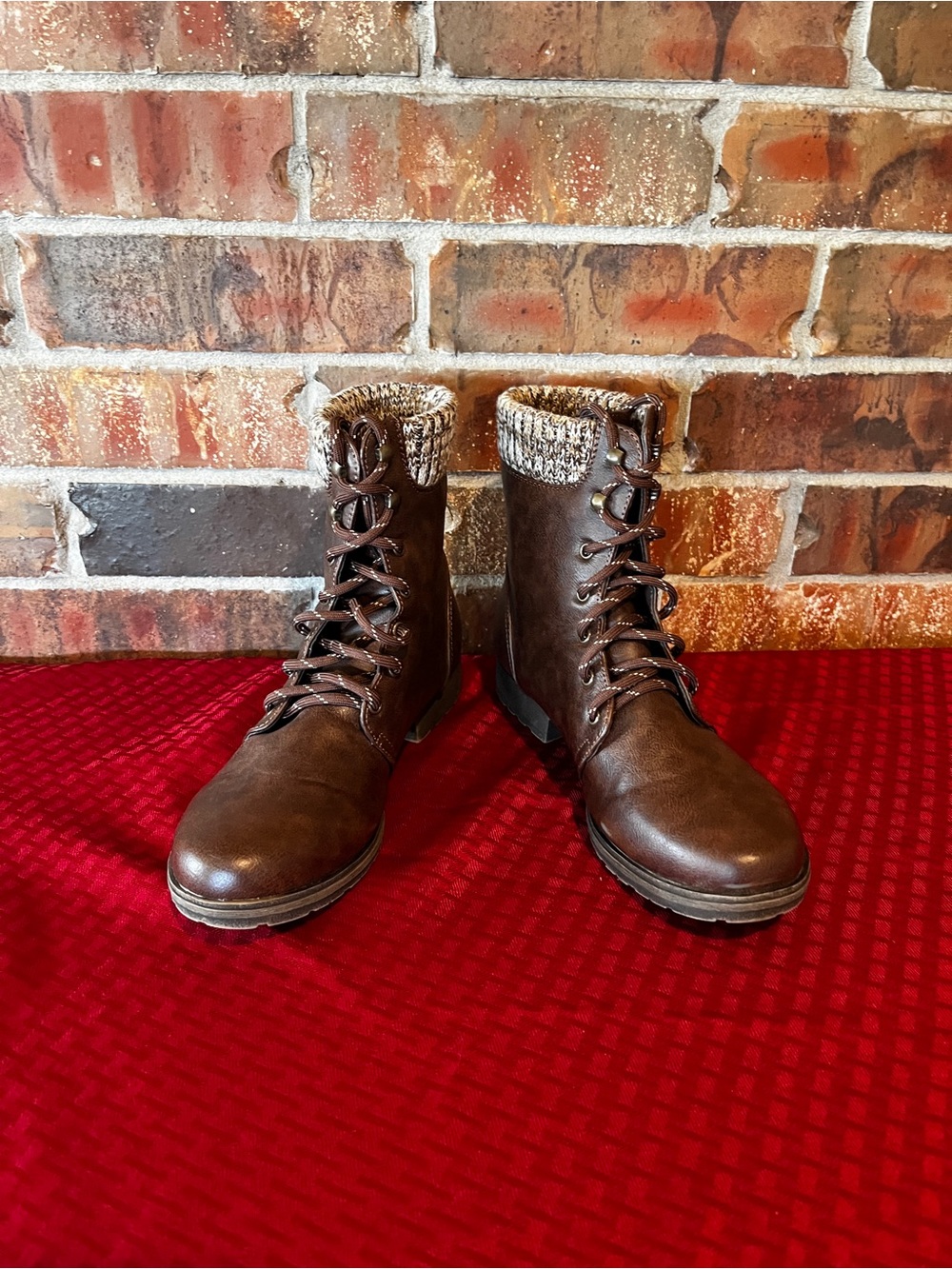 JustFab Dark Brown Lace-Up Knit-Cuff Combat Boots